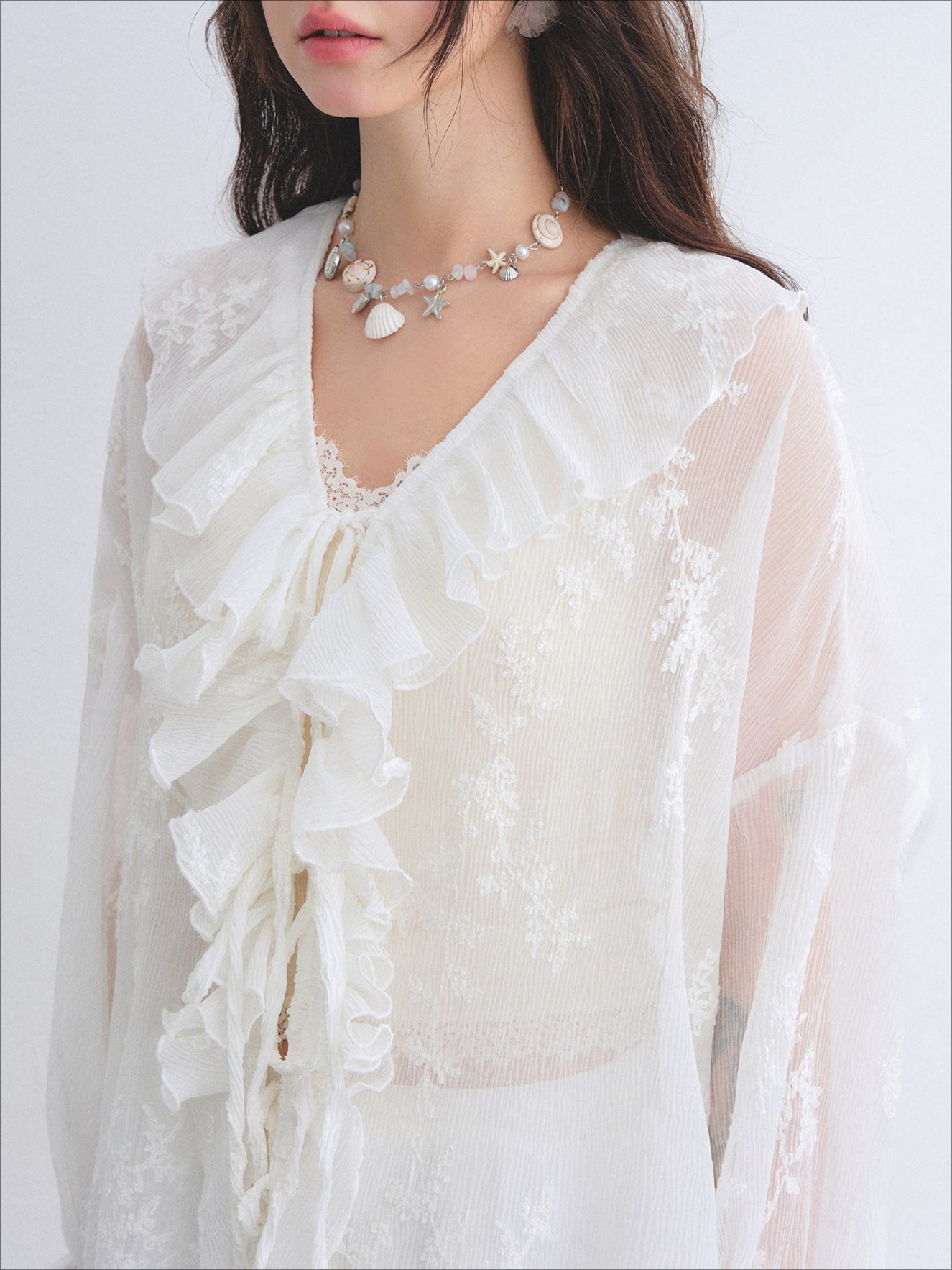 Embroidered Ruffle Chiffon Shirt & Tiered Skirt Set