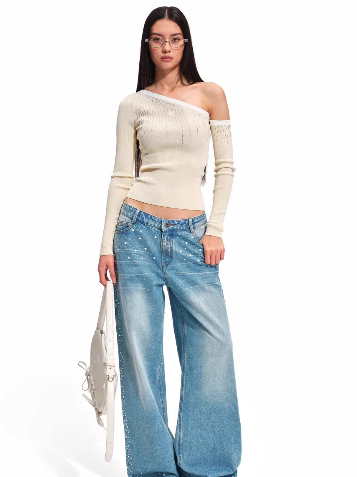 Asymmetric Off-Shoulder Sculpt Knit Crewneck