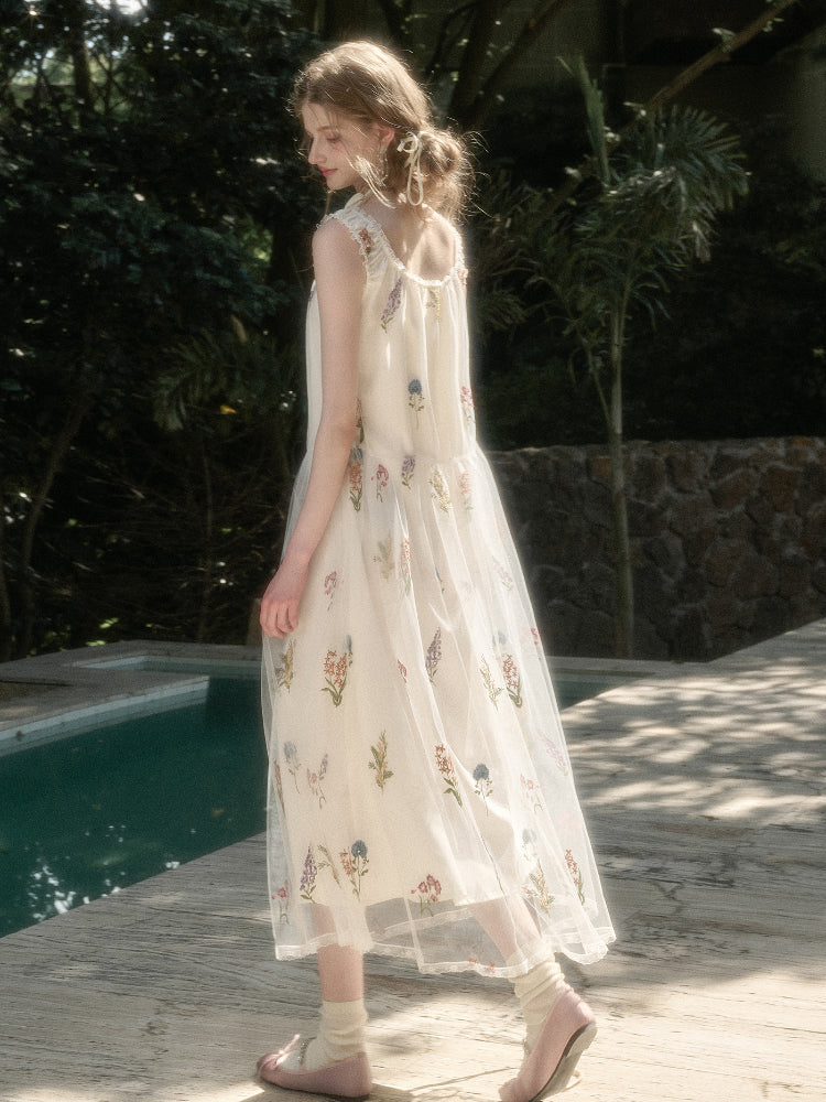 Gauze Flower Embroidered Double - Layer Sundress - CHINASQUAD