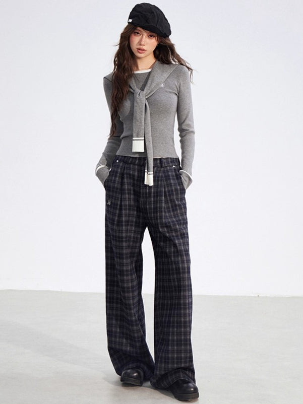 Plaid Fleece-Lined Wide-Leg Trousers