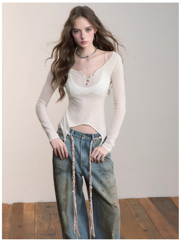 Irregular Knit Waist-Cinched Long-Sleeve Tee