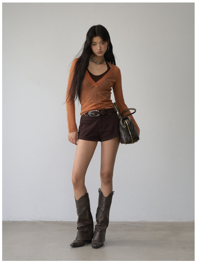 Fake Two-Piece Halter V-Neck Knit Sweater - CHINASQUAD