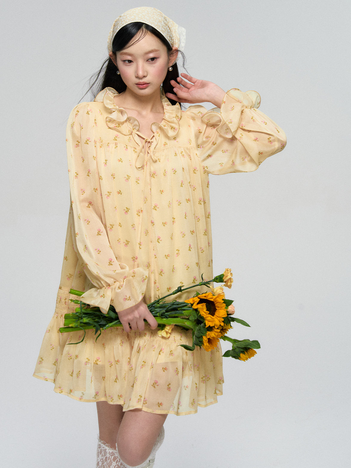 Ruffled Floral Long Sleeve Dress - CHINASQUAD