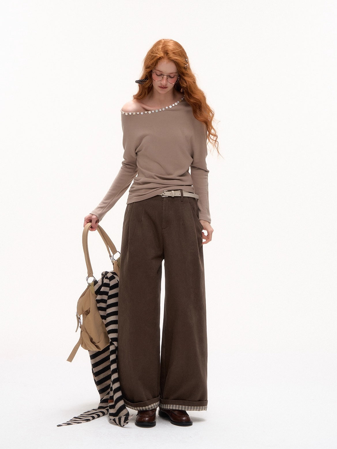 Plaid Cuff Belted Wide-Leg Trousers - CHINASQUAD