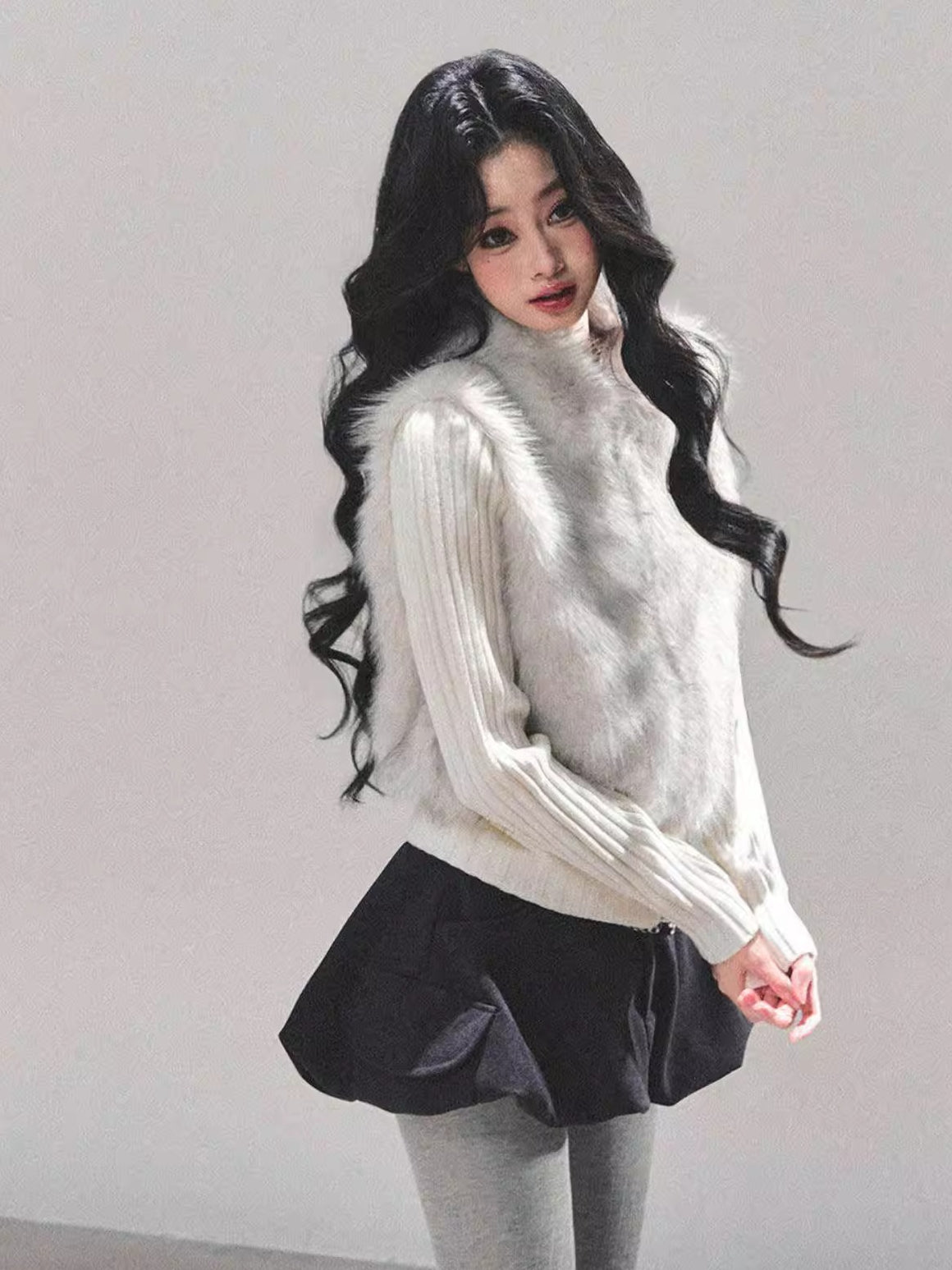 Faux Two-Piece Eco Fur Knit Jacket