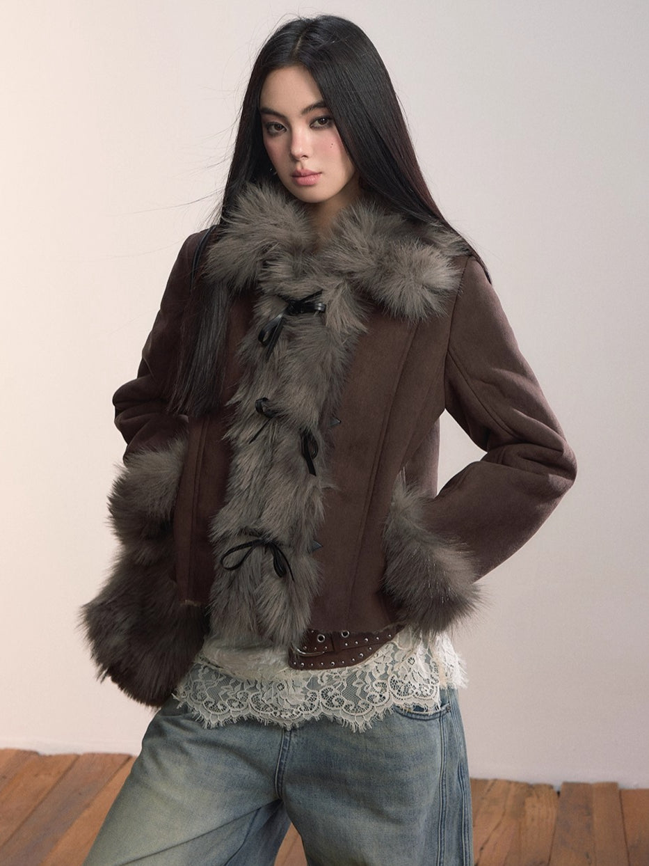 Faux Shearling Bow-Tie Collar Jacket