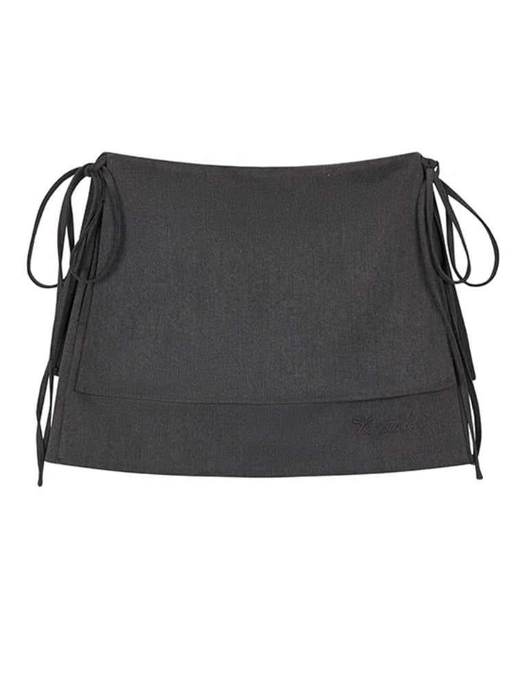 (Final Sale) Faux Two-Piece Tie Waist Denim Skirt - CHINASQUAD