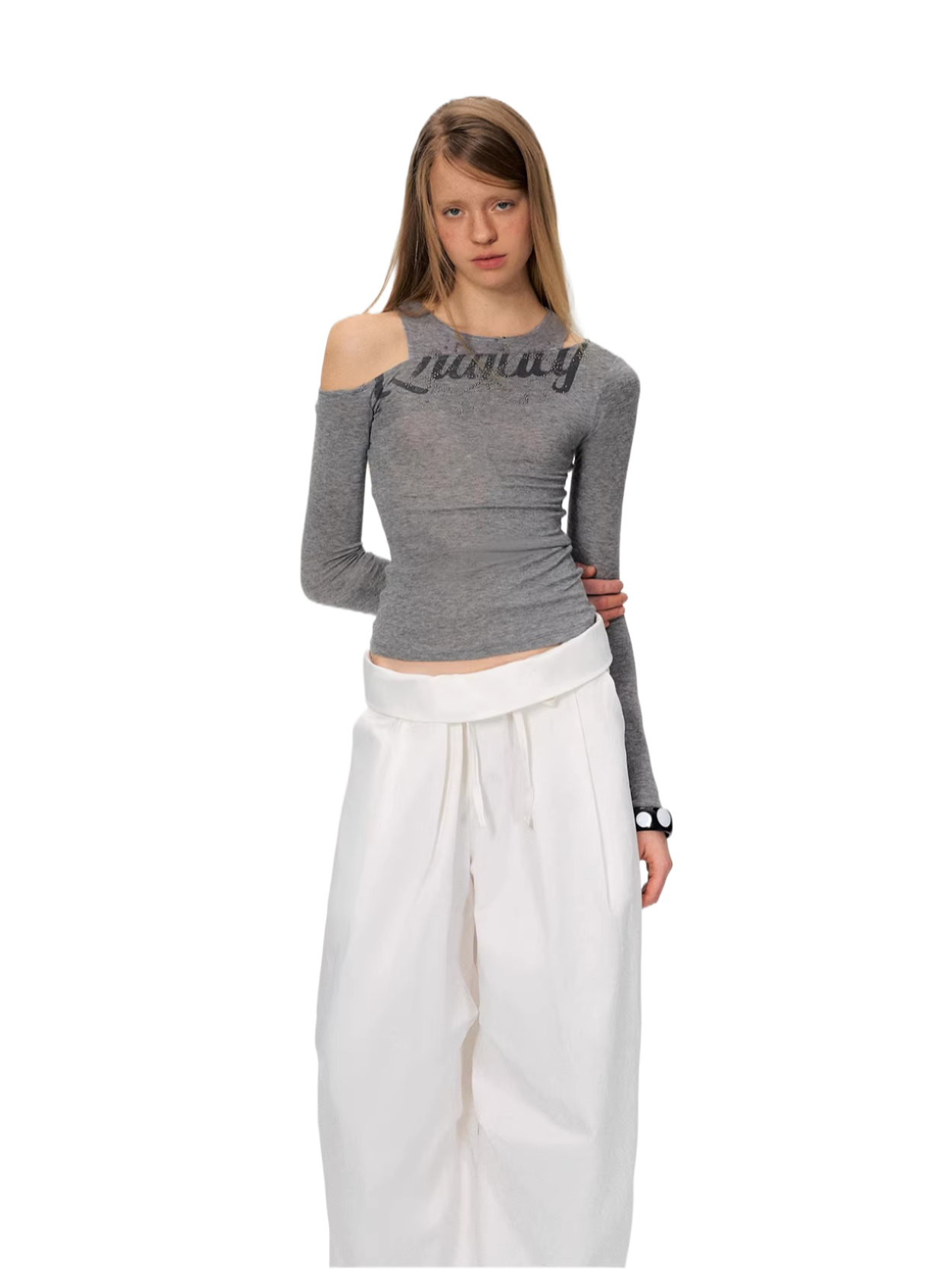 Asymmetric Rhinestone Graphic Cut-Out Slim Fit Top