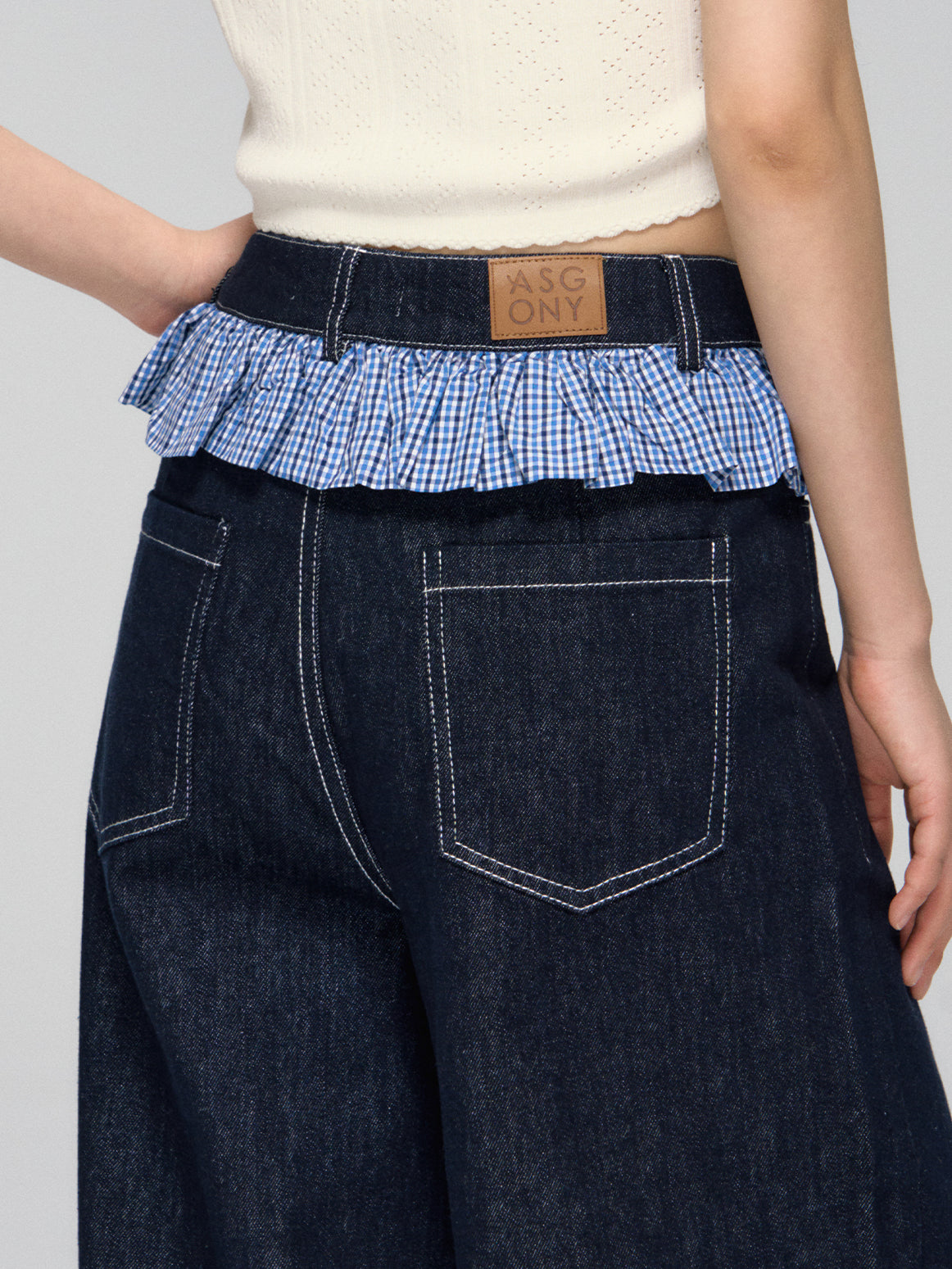 Ruffled Plaid Patchwork Straight Jeans - CHINASQUAD