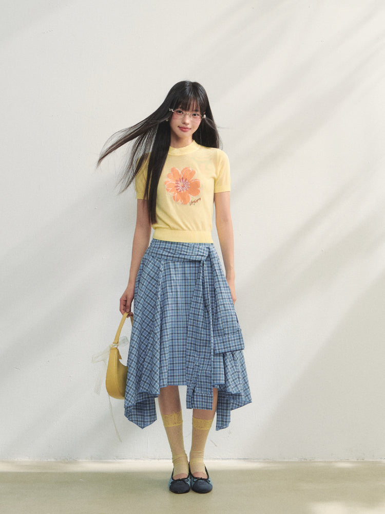 Blue Checkered Irregular Tie-Waist Skirt - CHINASQUAD