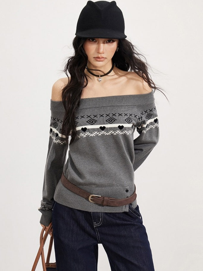 Fair Isle Off-Shoulder Knit Sweater