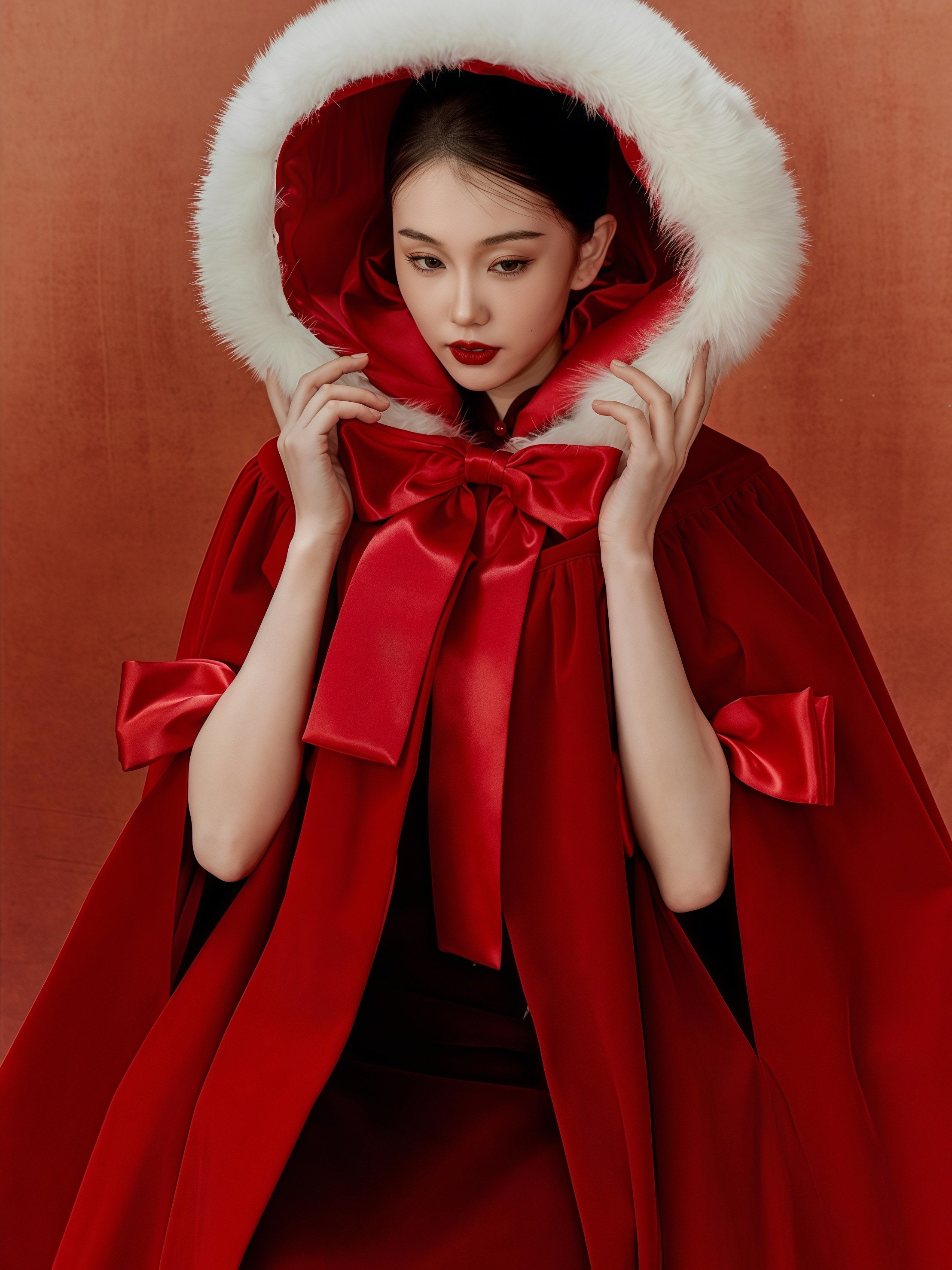 Scarlet Faux Fur Trim Bow-Detail Cape