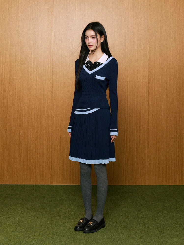 Faux Two-Piece Polka Dot Polo Shirt & Pleated Skirt Set - CHINASQUAD