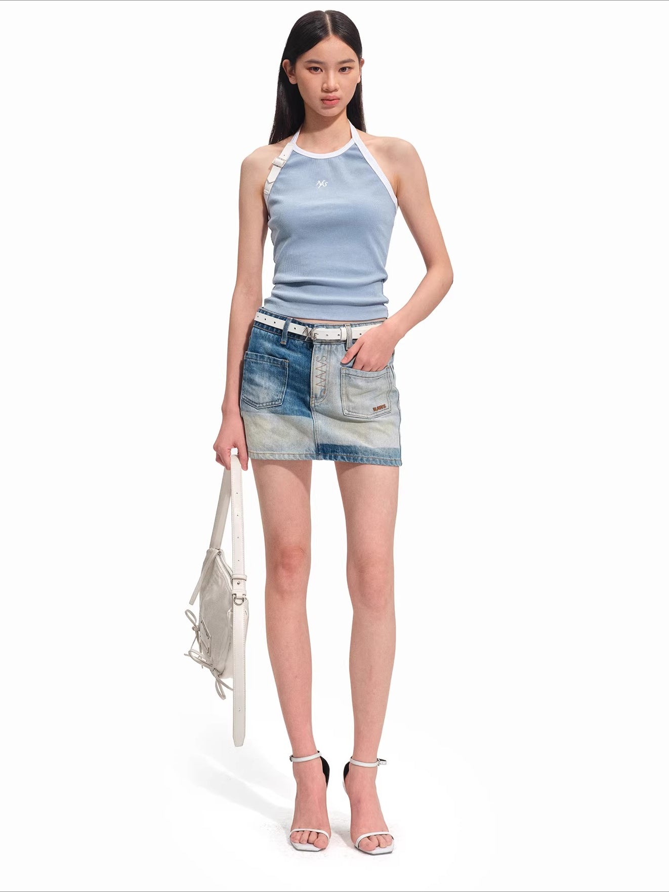 Contrast Panel Washed Denim Mini Skirt