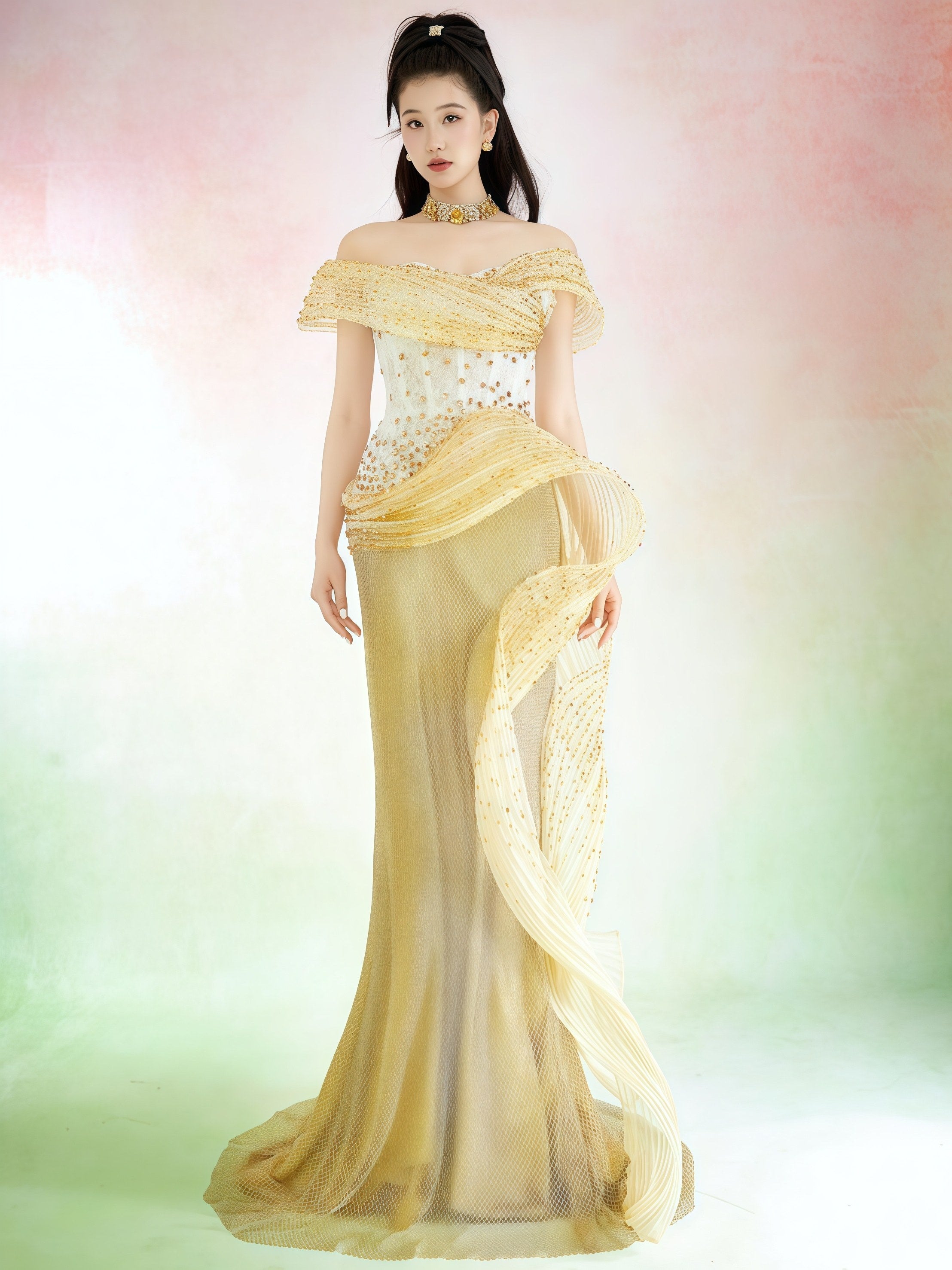 Golden Sculpted Off-Shoulder Couture Mermaid Gown