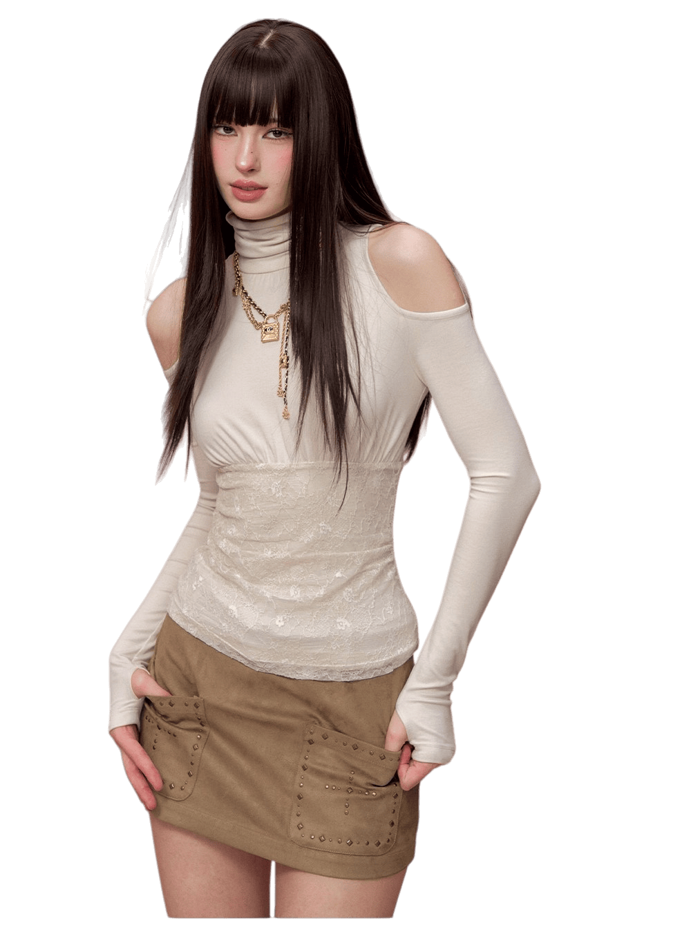 Lace-Panel Fitted Long-Sleeve T-Shirt