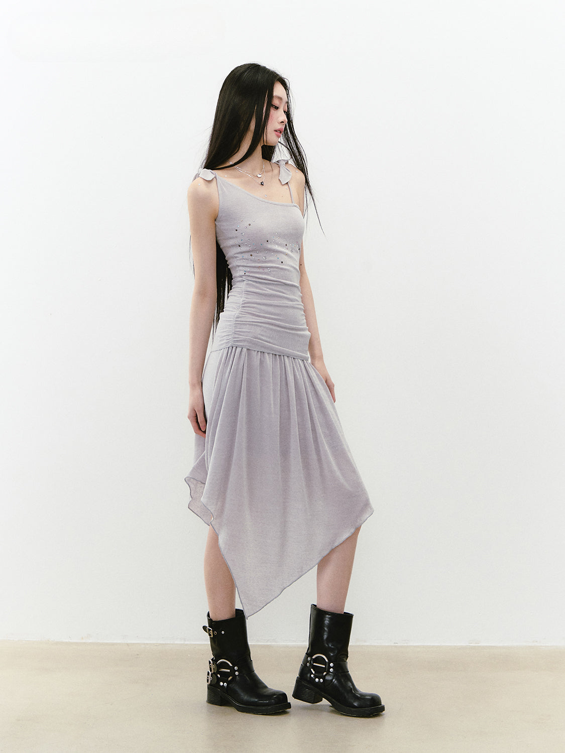 Beaded Strappy Asymmetric Dress - CHINASQUAD