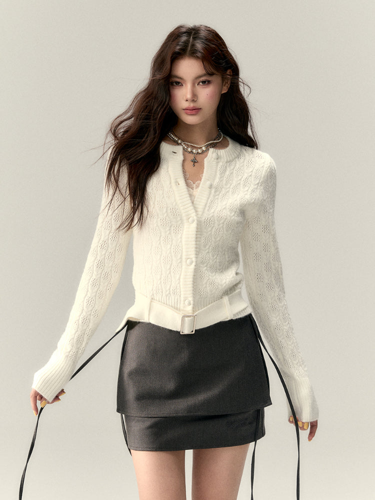 Belted Hollow Out Knit Sweater - CHINASQUAD