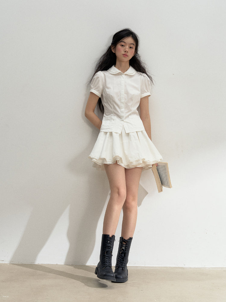 Cotton Lace Embroidered Collar Shirt & Skirt Set - CHINASQUAD