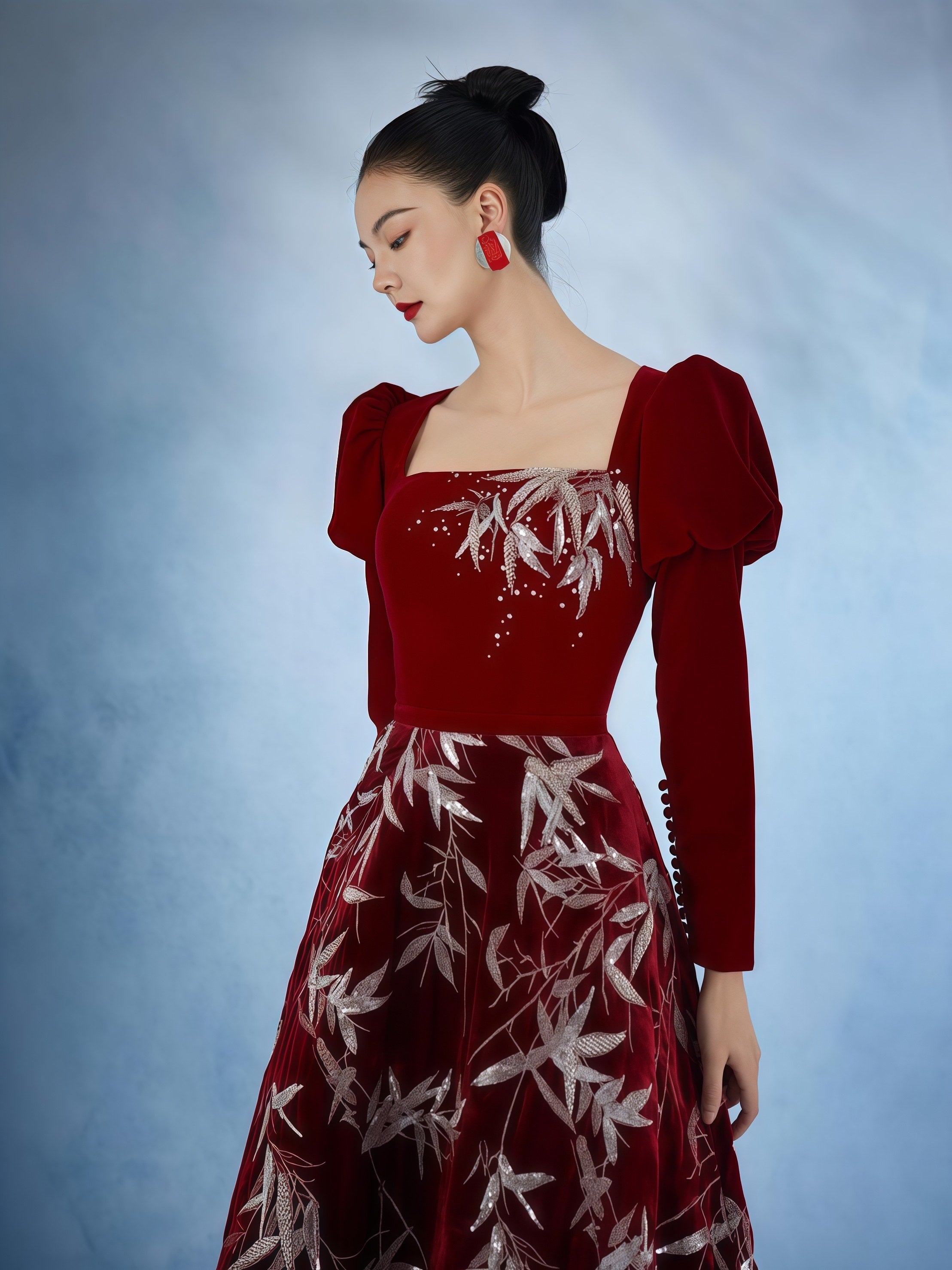 Crimson Bamboo Embroidered Midi Dress