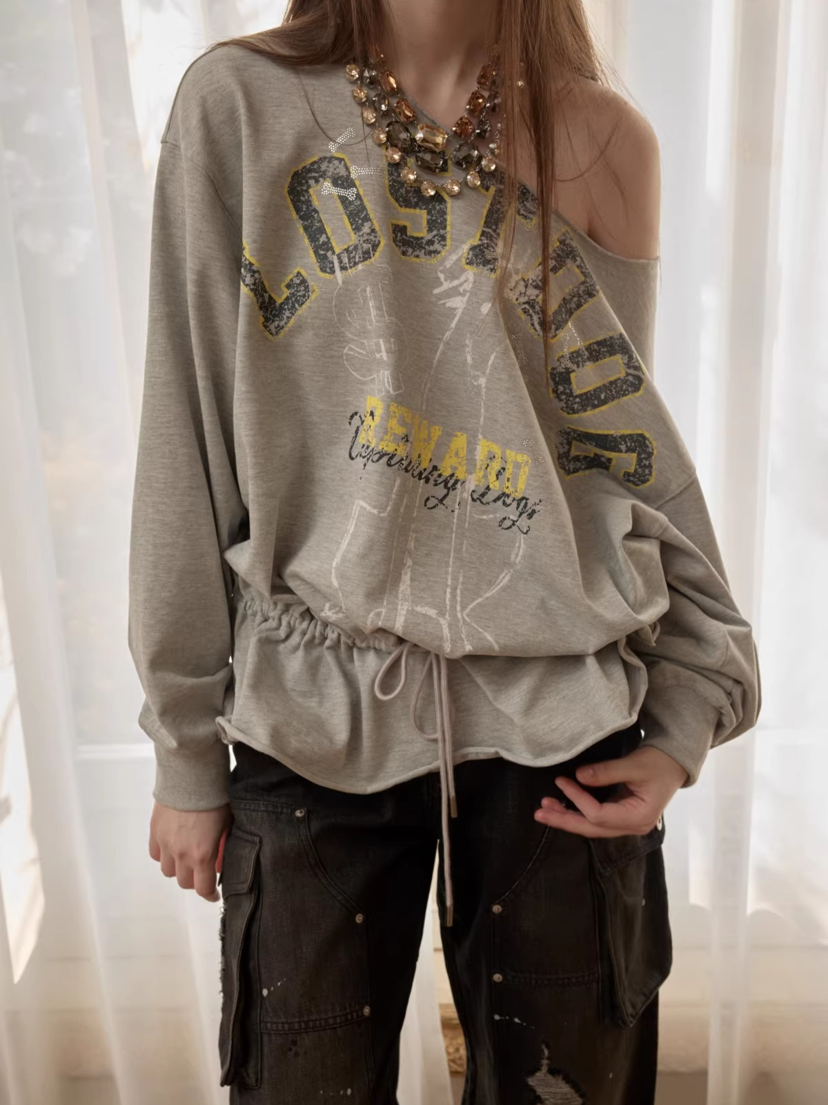Asymmetric Graphic Drawstring Hoodie