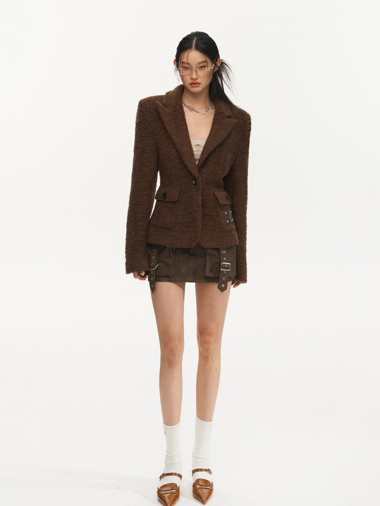 Brown Vintage Waist Woolen Blazer - CHINASQUAD