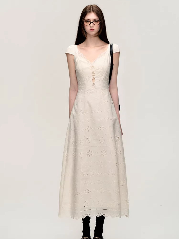 Cream White Lace-Panel Slim Fit Textured Dress