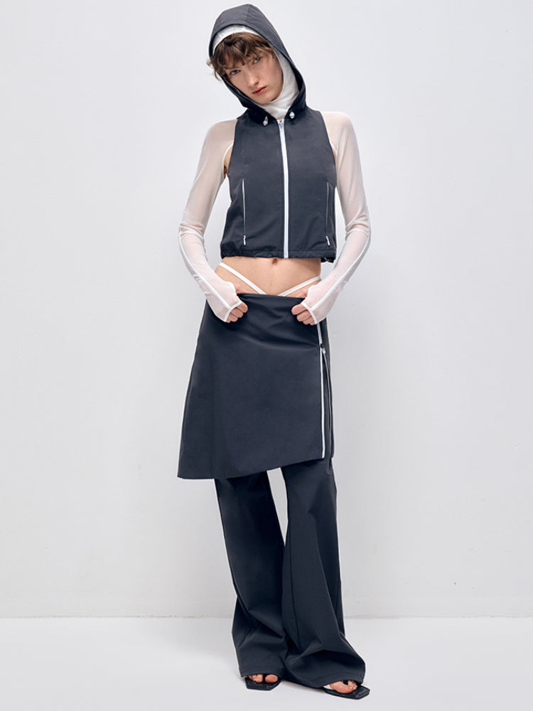 Color-block Hooded Zipper Vest & Pant Set