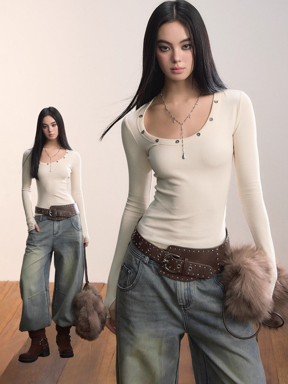 Studded Asymmetric U-Neck Knit T-Shirt