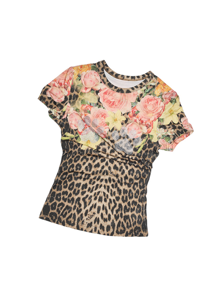 Floral Print Rhinestones Regular-shoulder T-shirt - CHINASQUAD