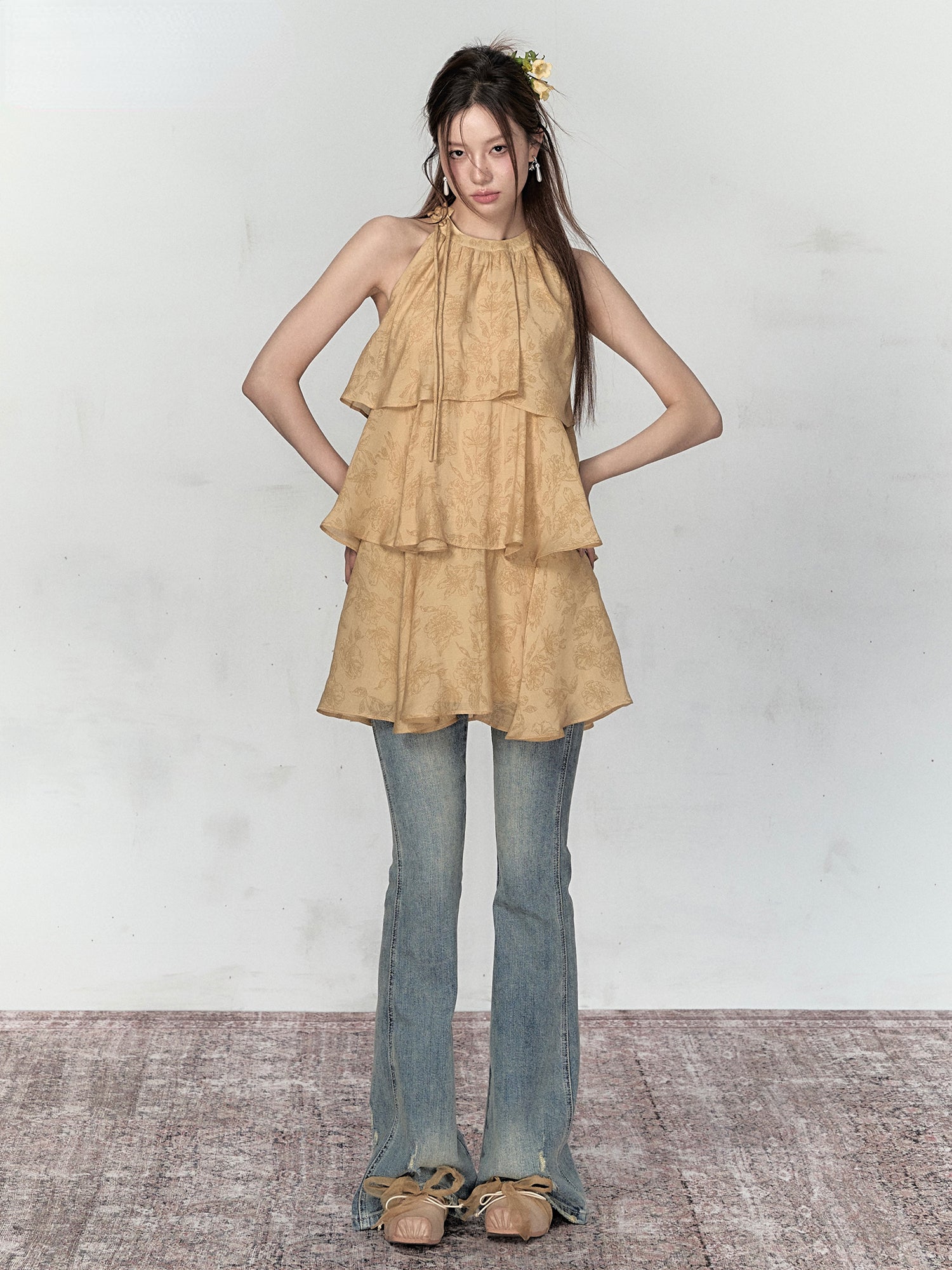 Mustard Yellow Halter Floral Dress - CHINASQUAD