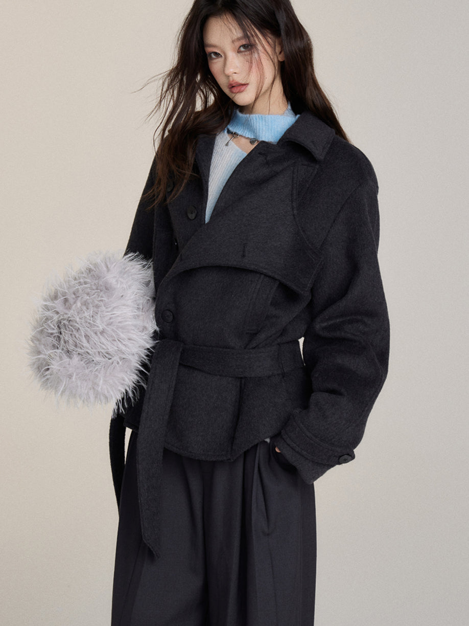 Faux Two-Piece Belted Layered Coat - CHINASQUAD