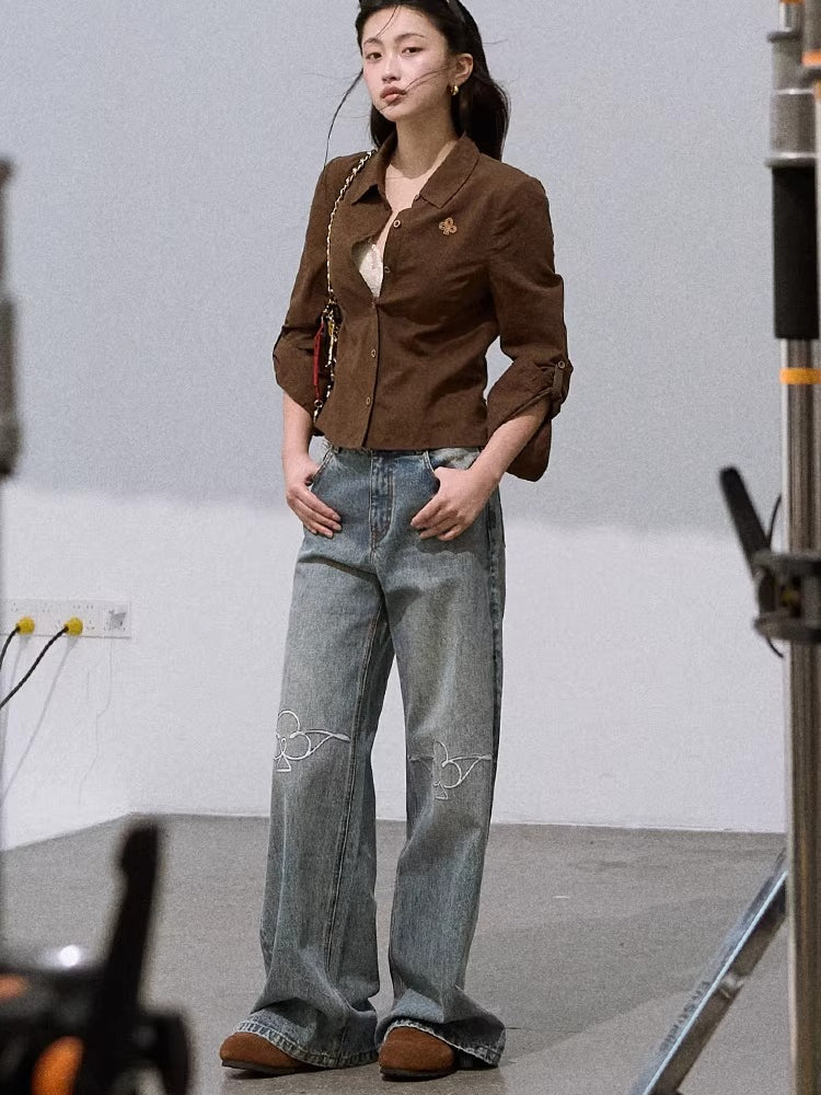 Vintage-Washed Cotton Wide-Leg Jeans