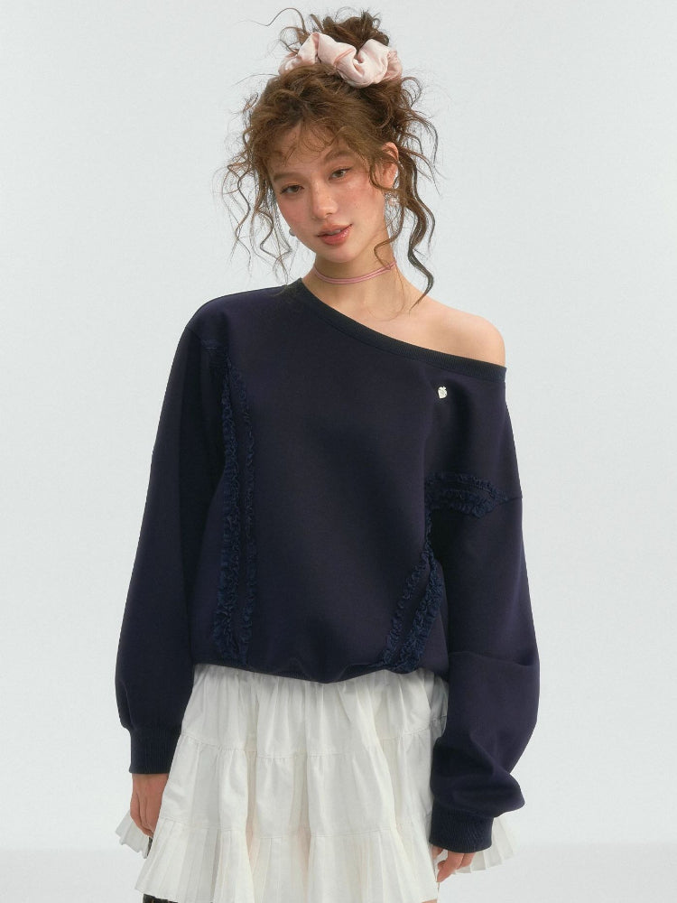 Lace Trim Off-Shoulder Sweatshirt - CHINASQUAD