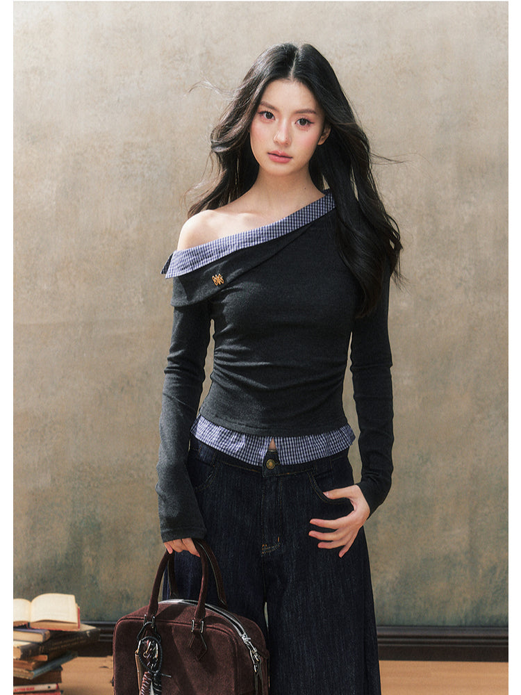 Off-Shoulder Plaid Patchwork Blouse - CHINASQUAD