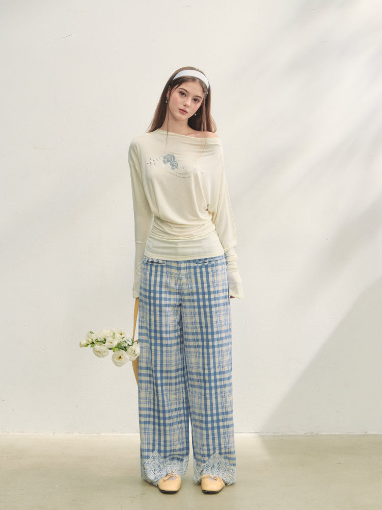 Lace Panel Checked Straight-Leg Pants - CHINASQUAD