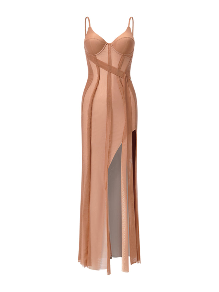 High-Split Patchwork Spaghetti Strap Dress - CHINASQUAD
