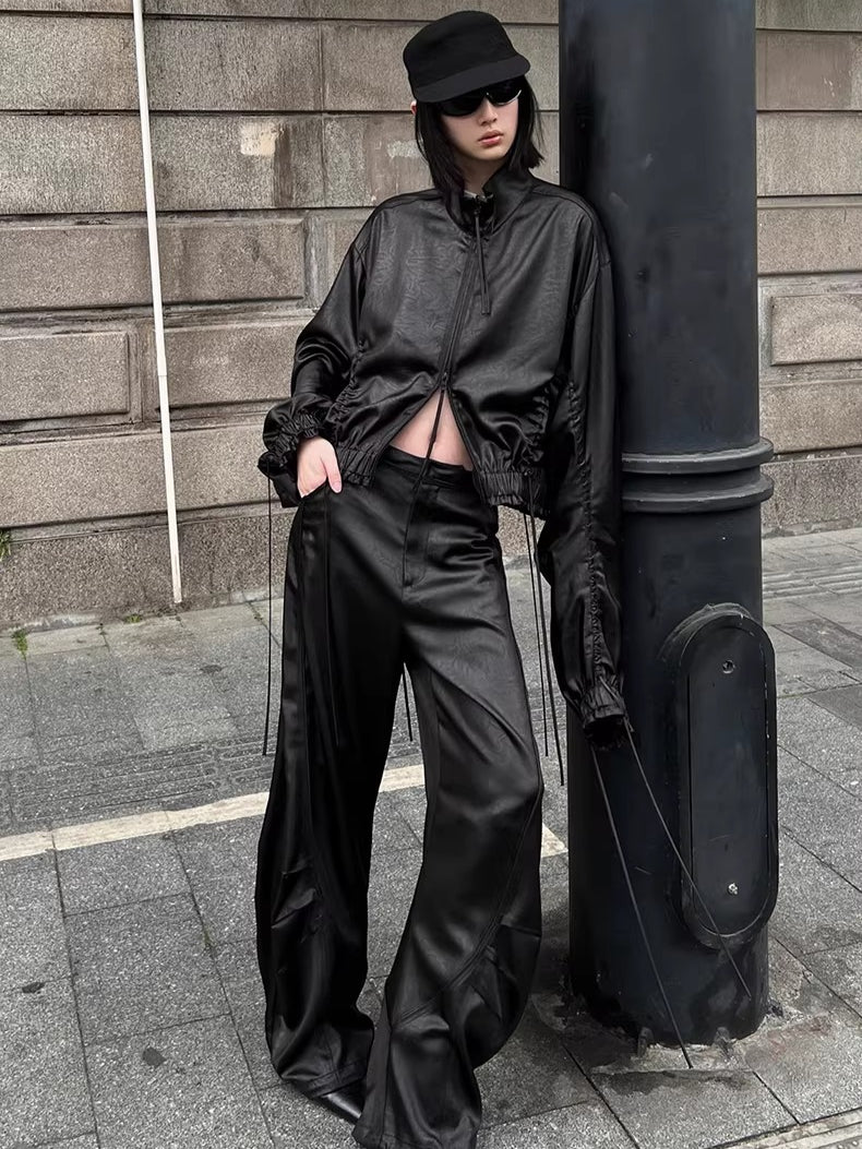 Draped Satin Pleated Wide-Leg Trousers