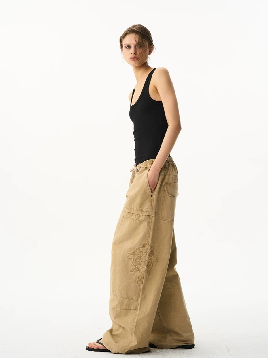 Vintage Washed Embroidered Workwear Baggy Pants