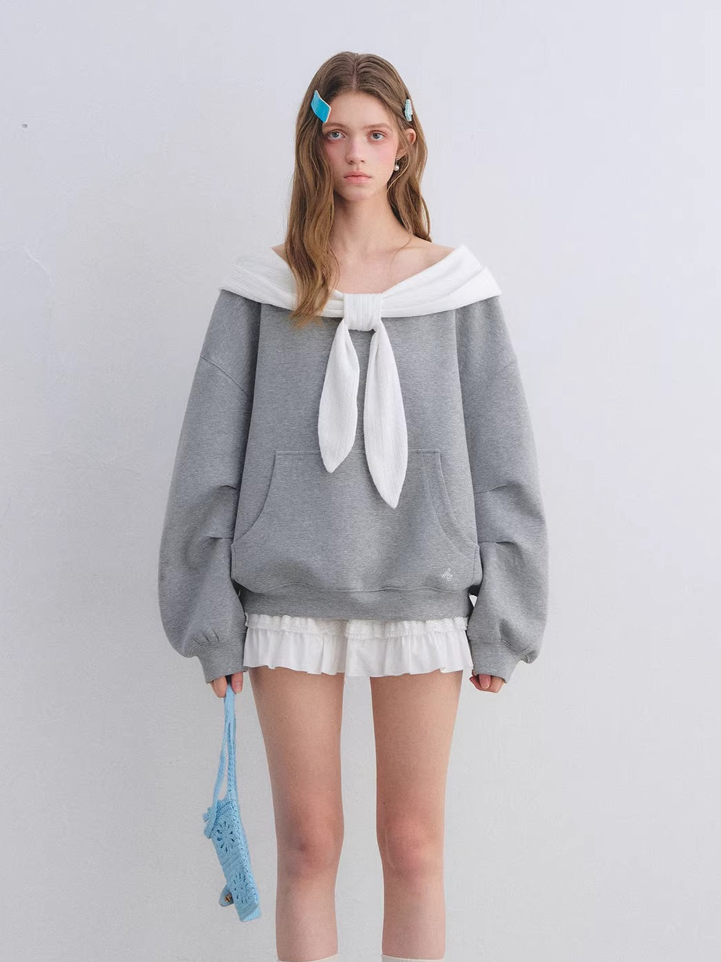 Rabbit-Ear Bow Off-Shoulder Hooded Sweatshirt