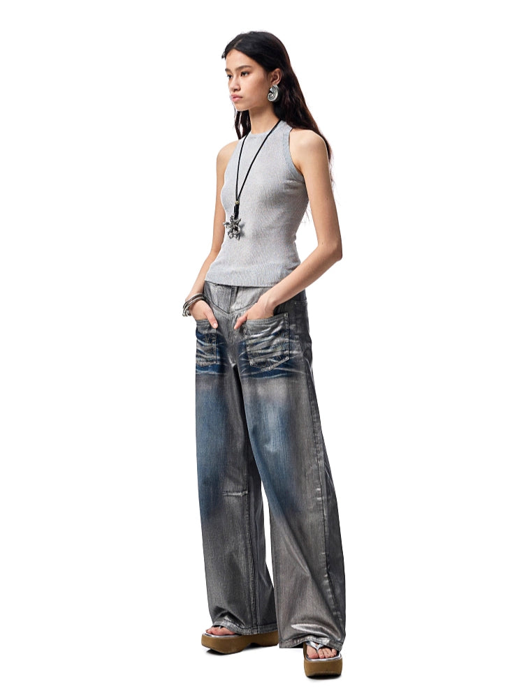 Silver-Foil Embroidered Straight-Leg Denim Curved Pants - CHINASQUAD
