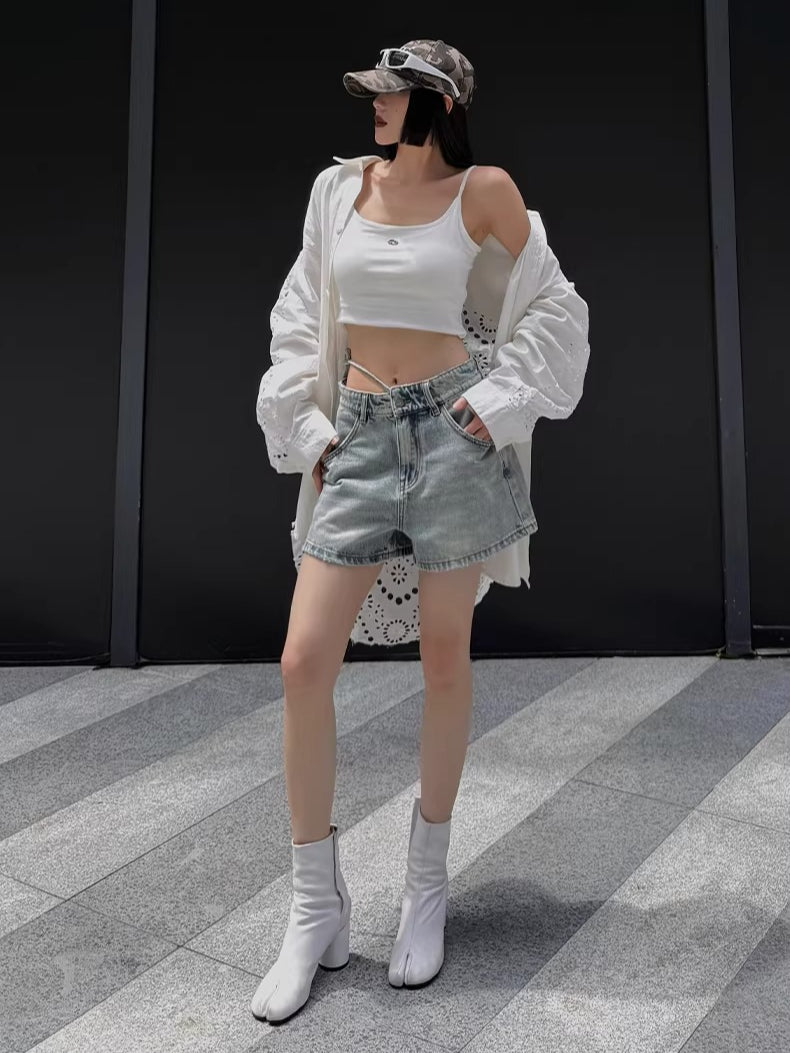 Tie-Waist Raw-Edge Vintage Denim Shorts