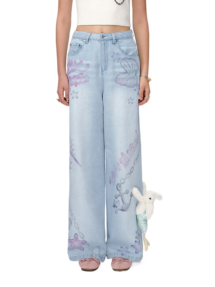 Ocean-Inspired Graffiti Denim Jeans - CHINASQUAD