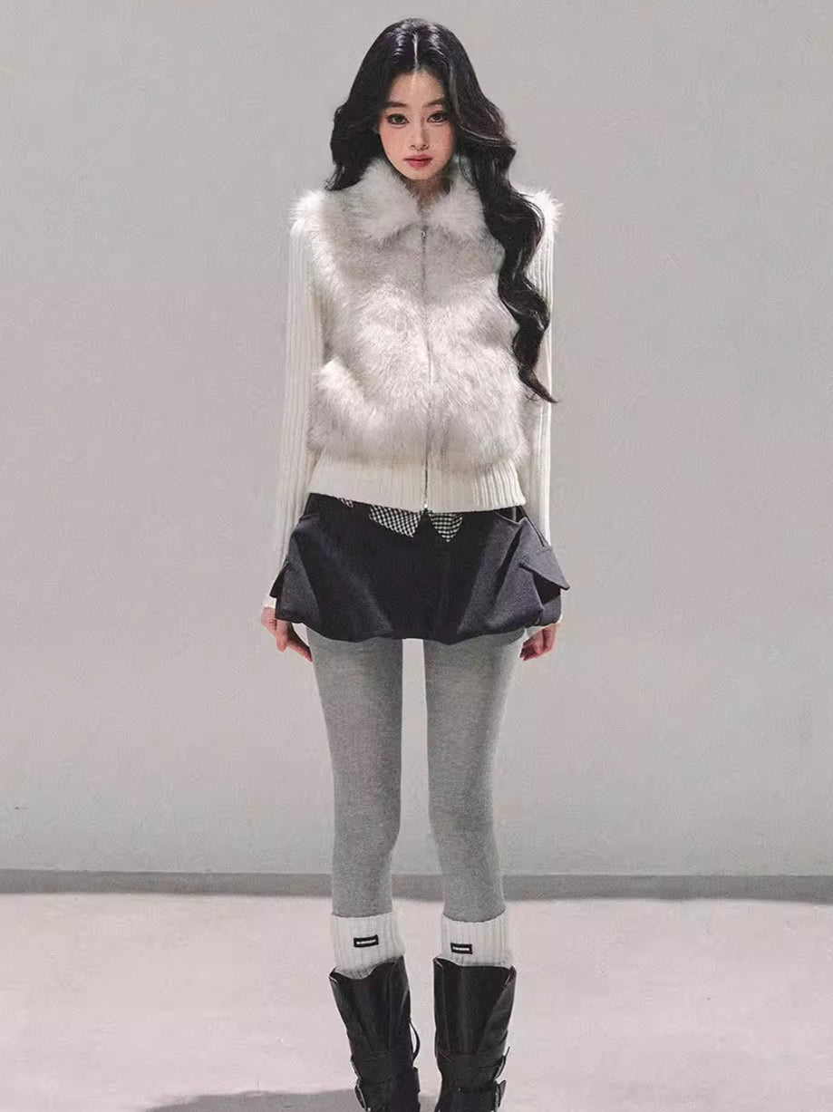 Faux Two-Piece Eco Fur Knit Jacket