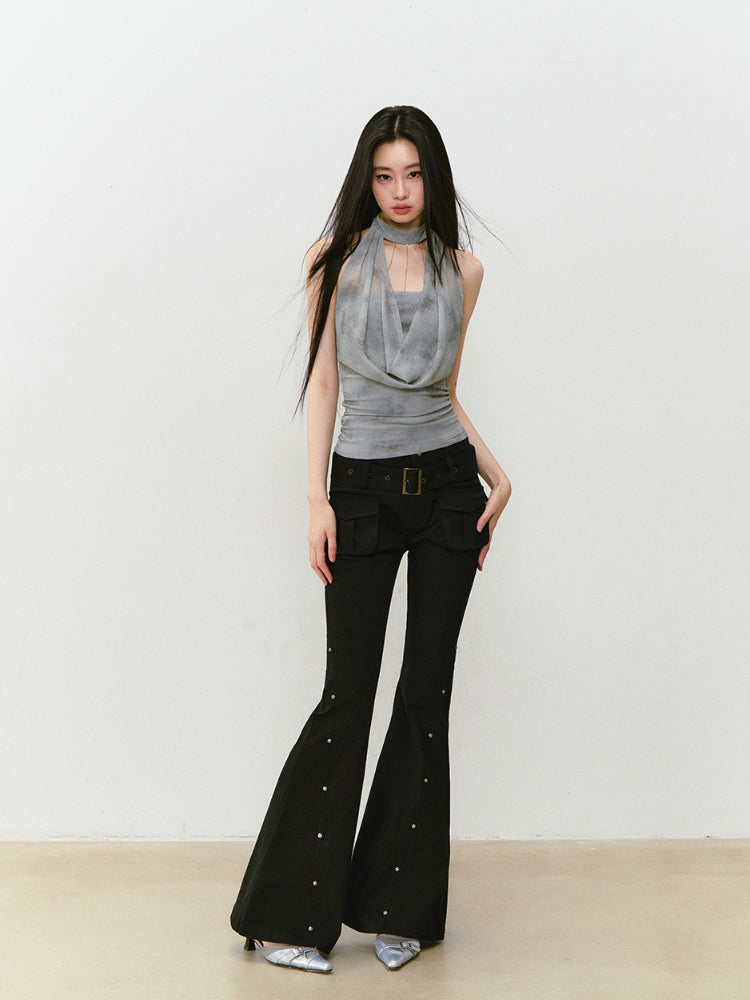 Rose Rivet Flared Cargo Pants - CHINASQUAD