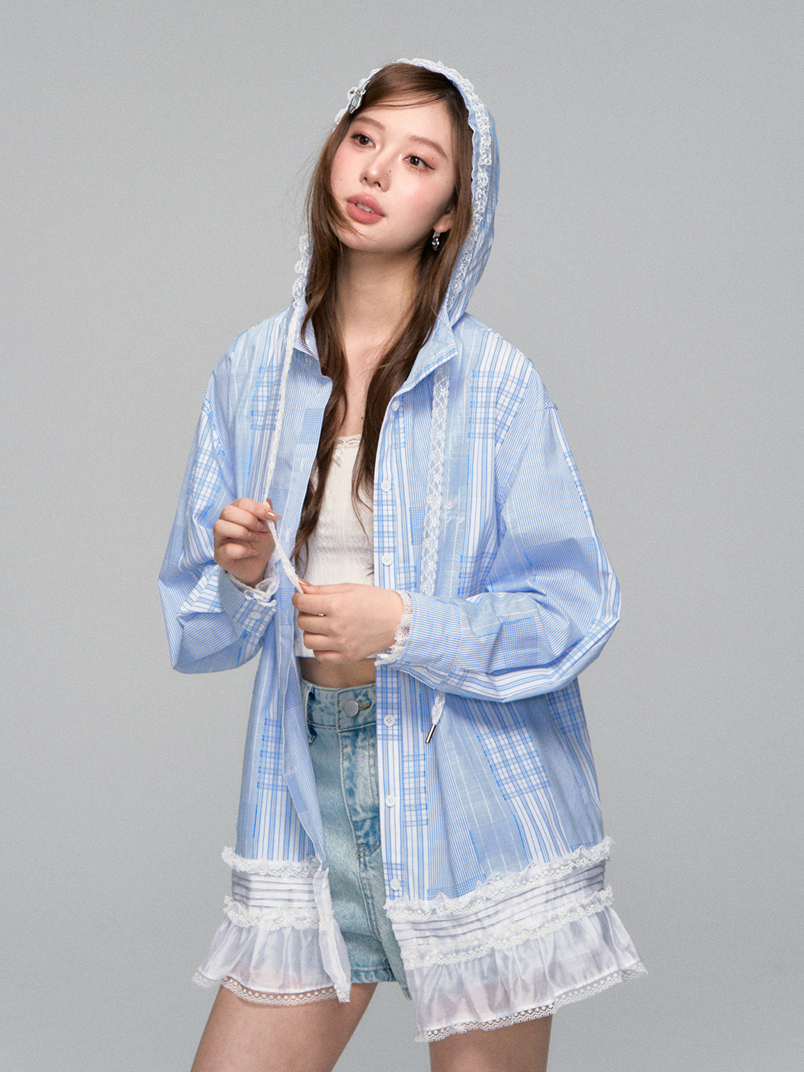Plaid Lace-Trimmed Hooded Shirt Jacket