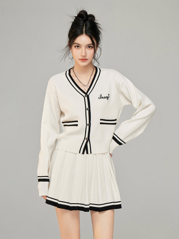 Contrast Color Knit V-neck Cardigan Set - CHINASQUAD