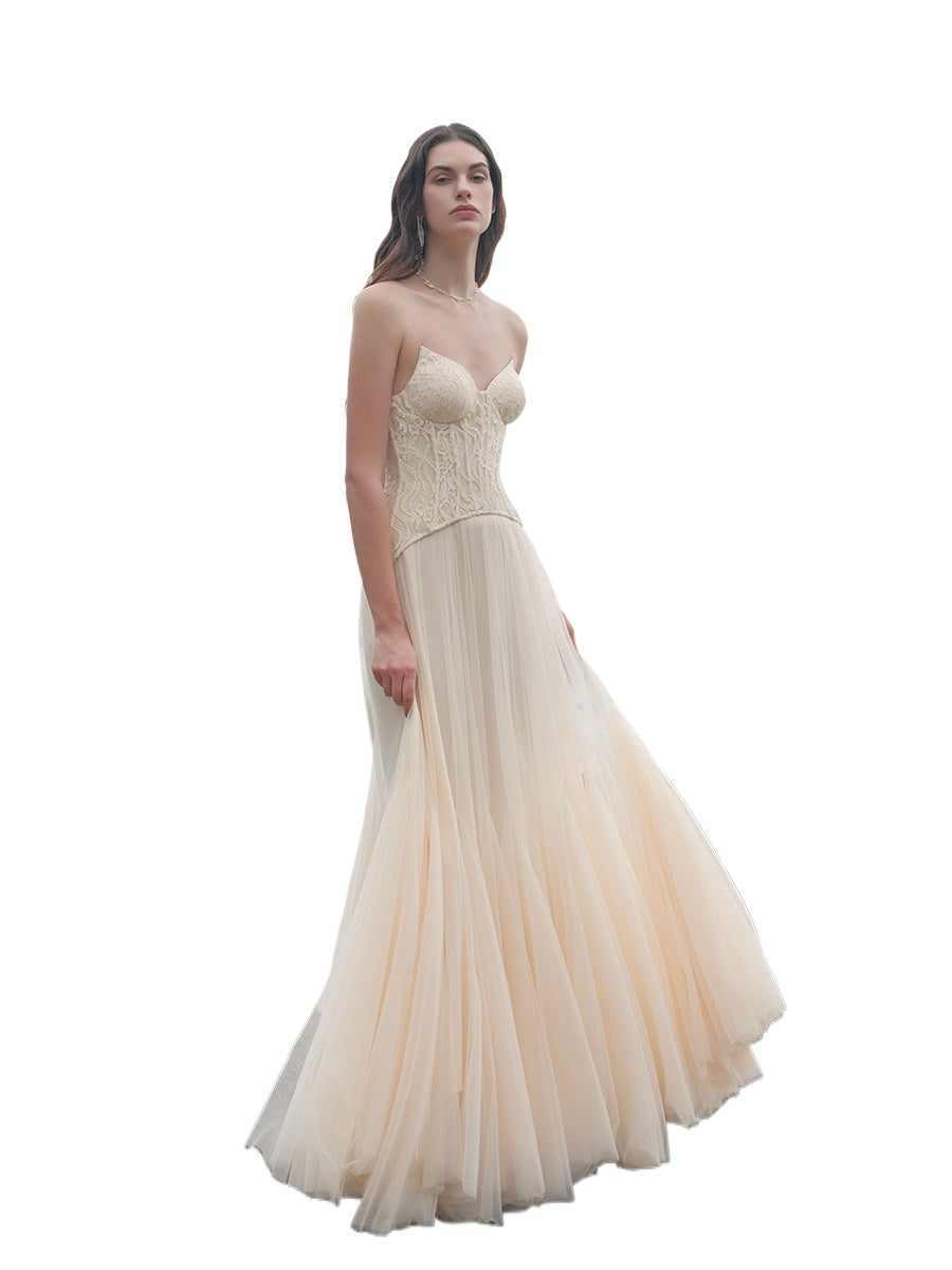 Heavy Lace Corset Mesh Maxi Dress - Pink / L Heavy Lace Corset Mesh Maxi Dress - Pink / L