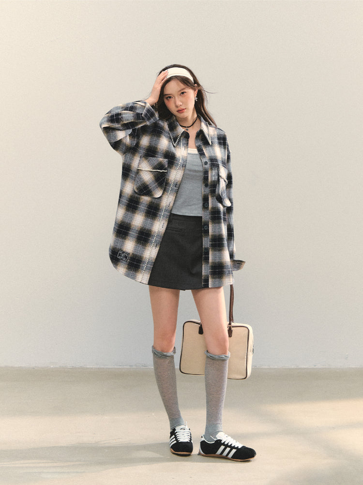 Pearl-Trimmed Polo-Neck Checkered Shirt - CHINASQUAD