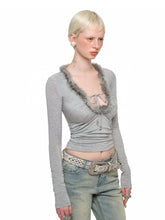 Fur Trimmed Deep V-Neck Slim Fit Knit Top - CHINASQUAD